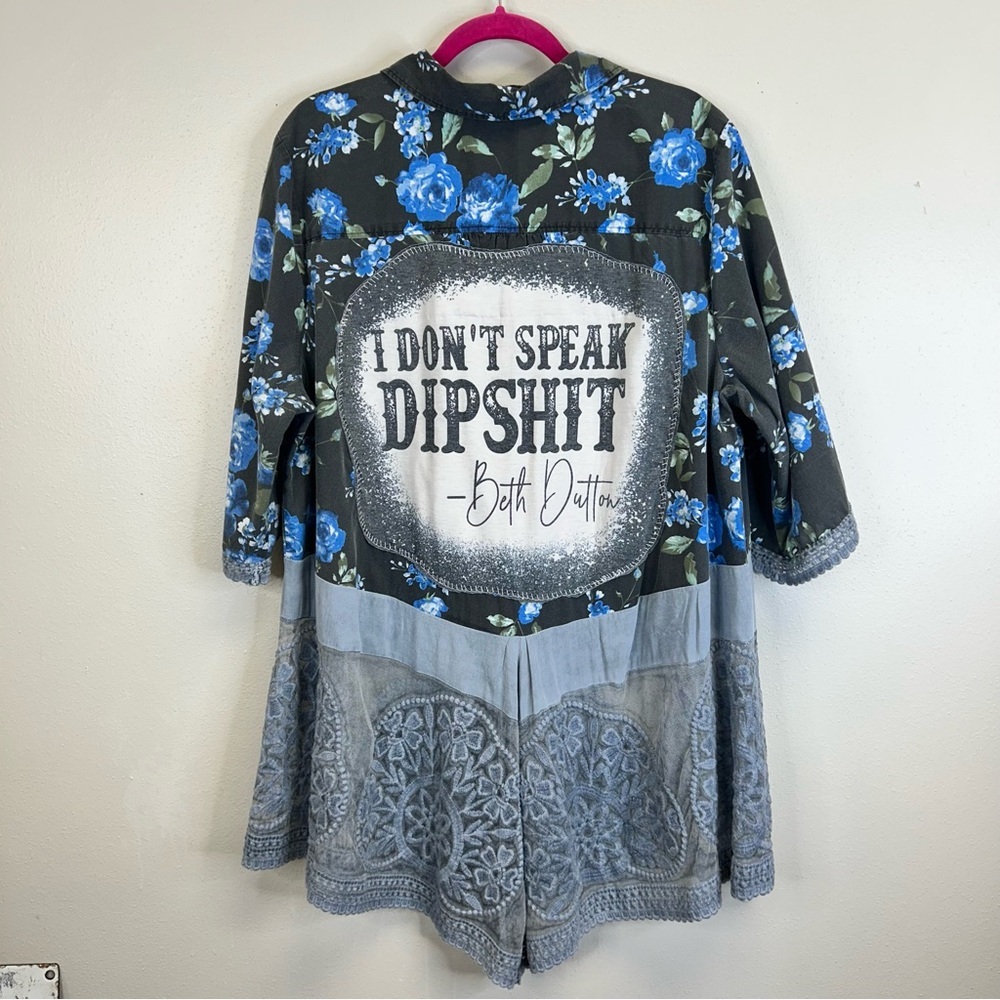 Floral Plus Size Upcycled Beth Dutton Tunic Blue Lace Plus Size 22W Western Boho - Picture 3 of 13